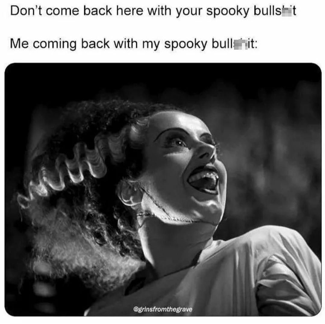 funny memes - cute cats - bride of frankenstein - Don't come back here with your spooky bullshit Me coming back with my spooky bullit