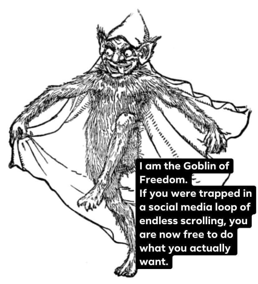 funny memes - cute cats - goblin folklore - I am the Goblin of Freedom. If you were trapped in a social media loop of endless scrolling, you are now free to do what you actually want.