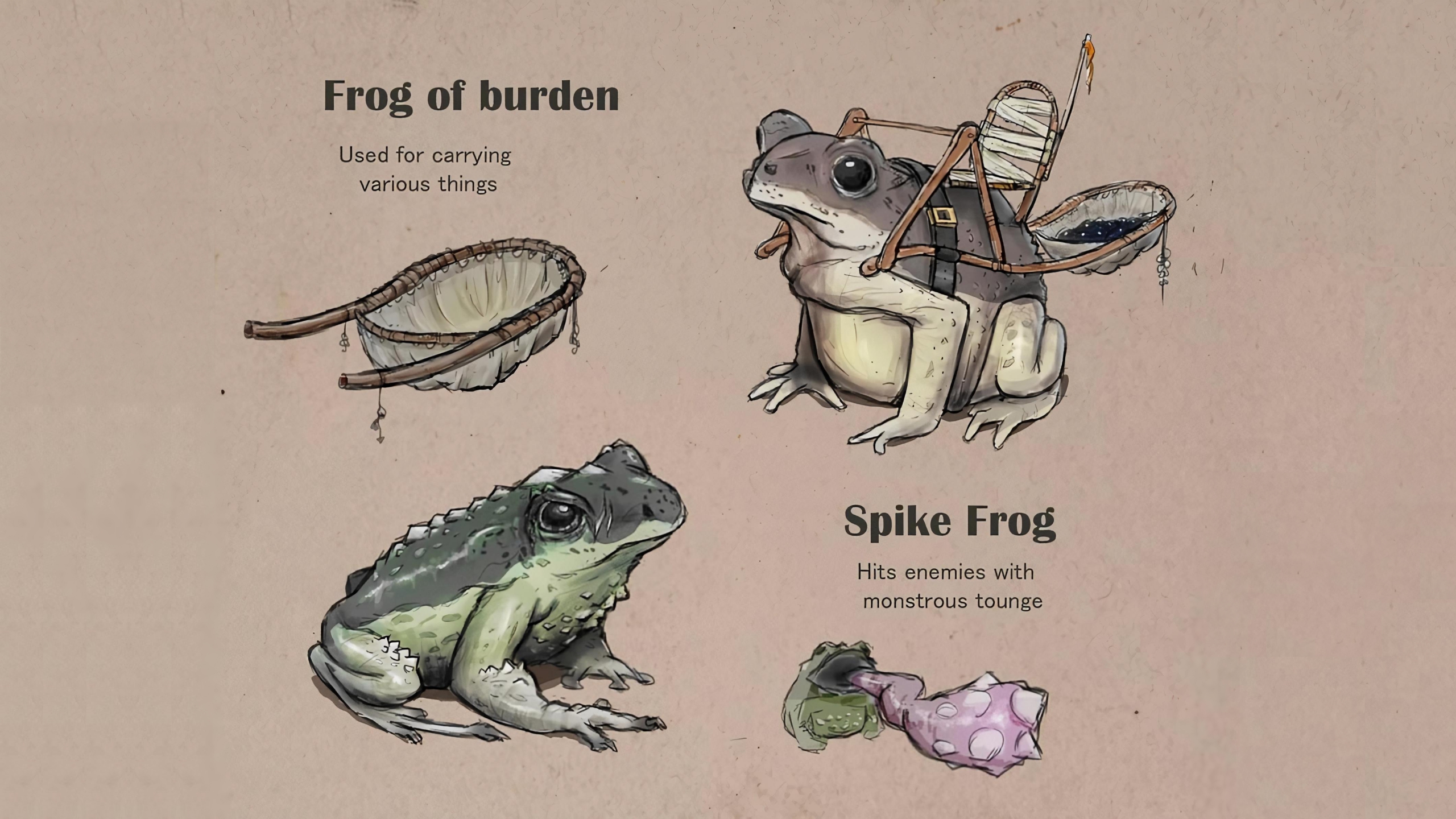 frog concept art - Frog of burden Used for carrying various things Spike Frog Hits enemies with monstrous tounge