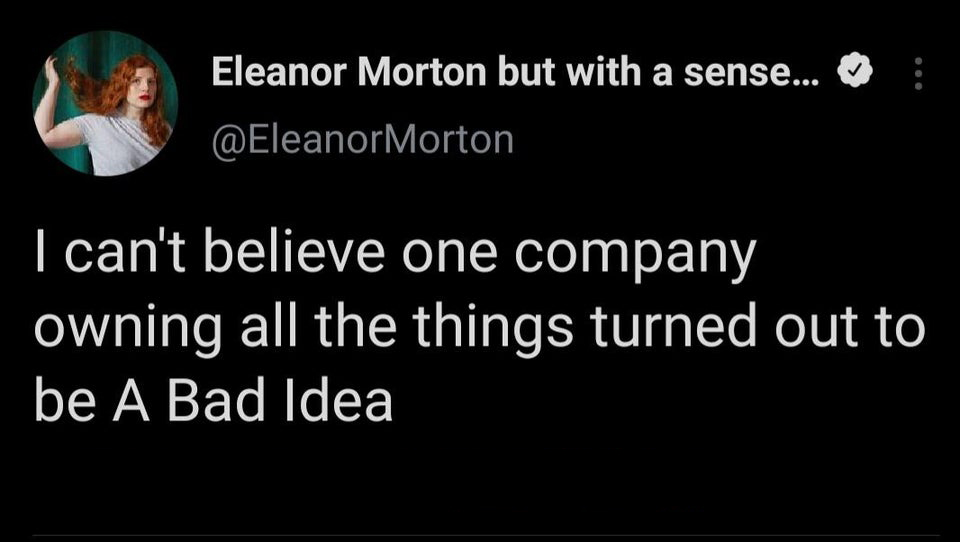 photo caption - Eleanor Morton but with a sense... I can't believe one company owning all the things turned out to be A Bad Idea