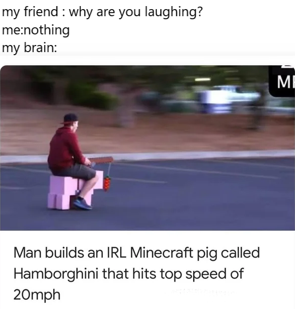 Minecraft - my friend why are you laughing? menothing my brain 3 Mi Man builds an Irl Minecraft pig called Hamborghini that hits top speed of 20mph
