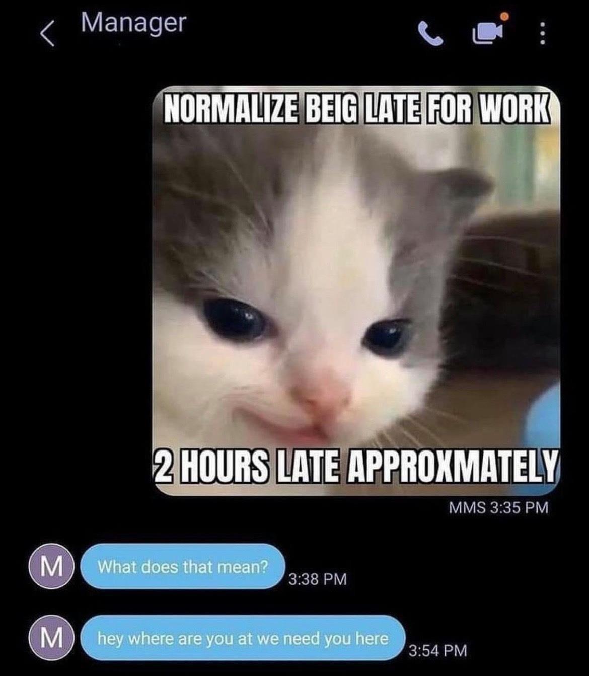 normalize being late to work meme - Manager Normalize Beig Late For Work 2 Hours Late Approxmately Mms M What does that mean? M hey where are you at we need you here