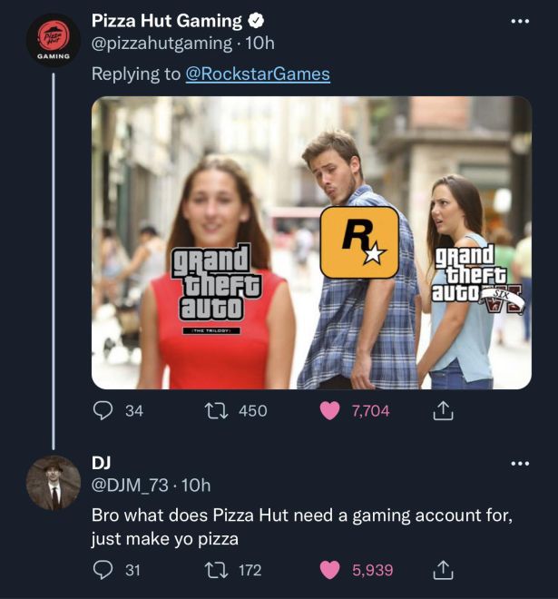 gaming memes - memes for middle schoolers - .. Ne Pizza Hut Gaming . 10h Gaming R grand theru auto grand theft auto 34 C2 450 7,704 Dj .10h Bro what does Pizza Hut need a gaming account for, just make yo pizza 31 22 172 5,939 1,