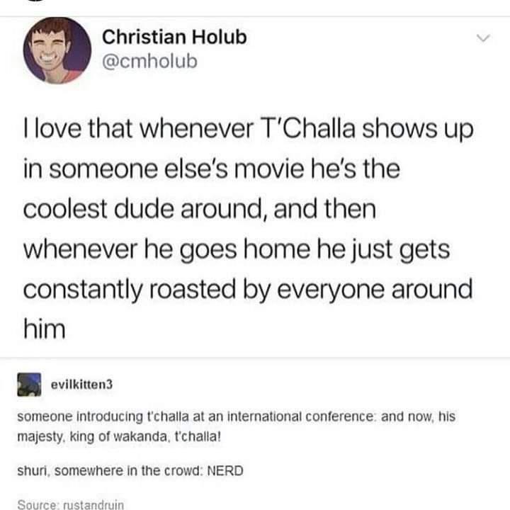 dank memes - 1 peter 3 3 4 - Christian Holub I love that whenever T'Challa shows up in someone else's movie he's the coolest dude around, and then whenever he goes home he just gets constantly roasted by everyone around him evilkitten3 someone introducing