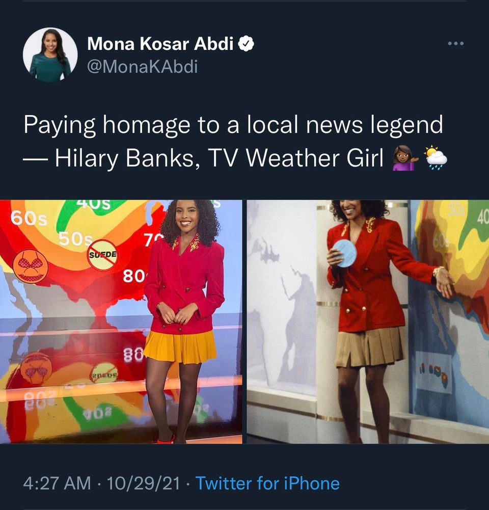 media - @@ Mona Kosar Abdi Paying homage to a local news legend Hilary Banks, Tv Weather Girl 40 4US 60s 50 7 Suede 80 804 enabe Co 08 102921 Twitter for iPhone