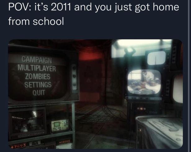 funny gaming memes - cod black ops 1 main menu - Pov it's 2011 and you just got home from school Campaign Multiplayer Zombies Settings Quit 4 703