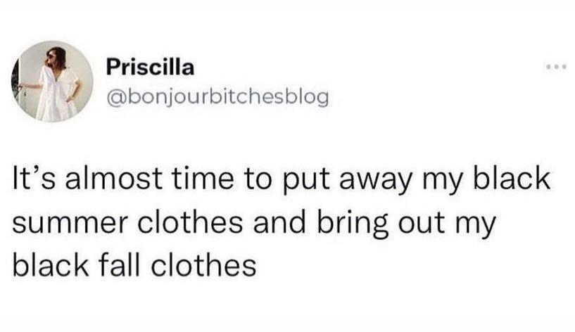 funny tweets  - polyglot meme - Priscilla It's almost time to put away my black summer clothes and bring out my black fall clothes