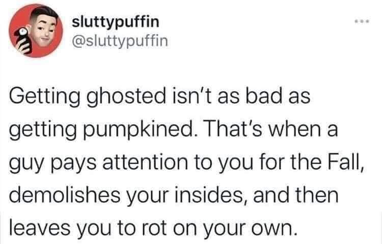 new memes - memes funny - sluttypuffin Getting ghosted isn't as bad as getting pumpkined. That's when a guy pays attention to you for the Fall, demolishes your insides, and then leaves you to rot on your own.