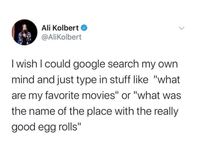 funny memes - kind tweet - Ali Kolbert I wish I could google search my own mind and just type in stuff "what are my favorite movies" or "what was the name of the place with the really good egg rolls"