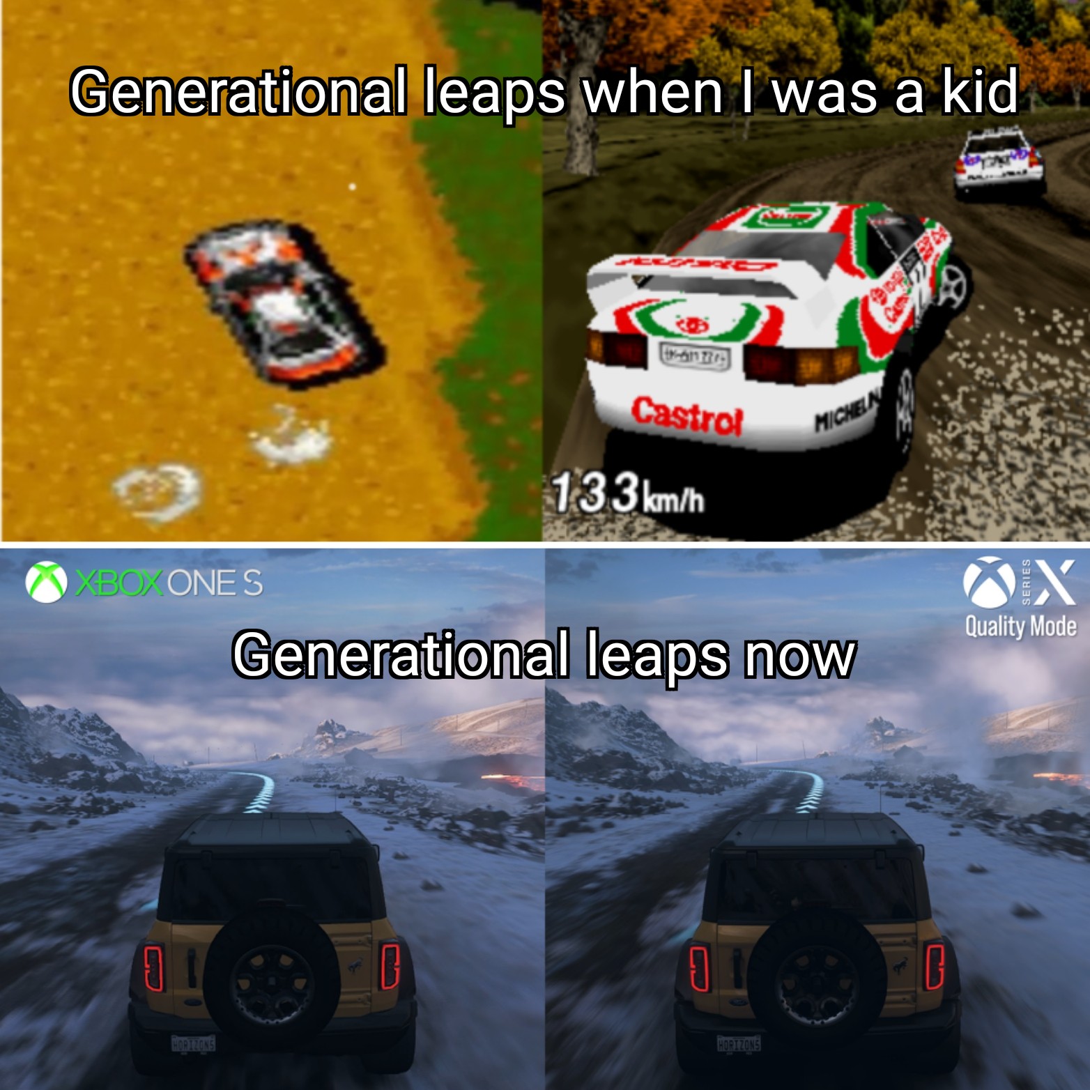gaming memes  - sega rally - Generational leaps when I was a kid 17 Castrol Michen 133 kmh Xbox Ones Ox Quality Mode Generational leaps now a i Horitions Horizon