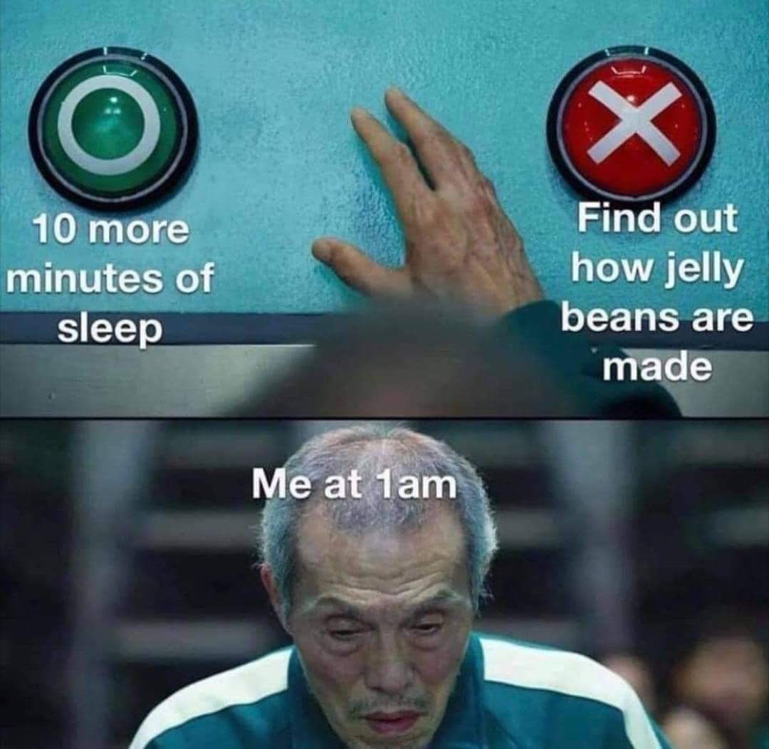 fresh memes - funny memes - X 10 more minutes of sleep Find out how jelly beans are made Me at 1am