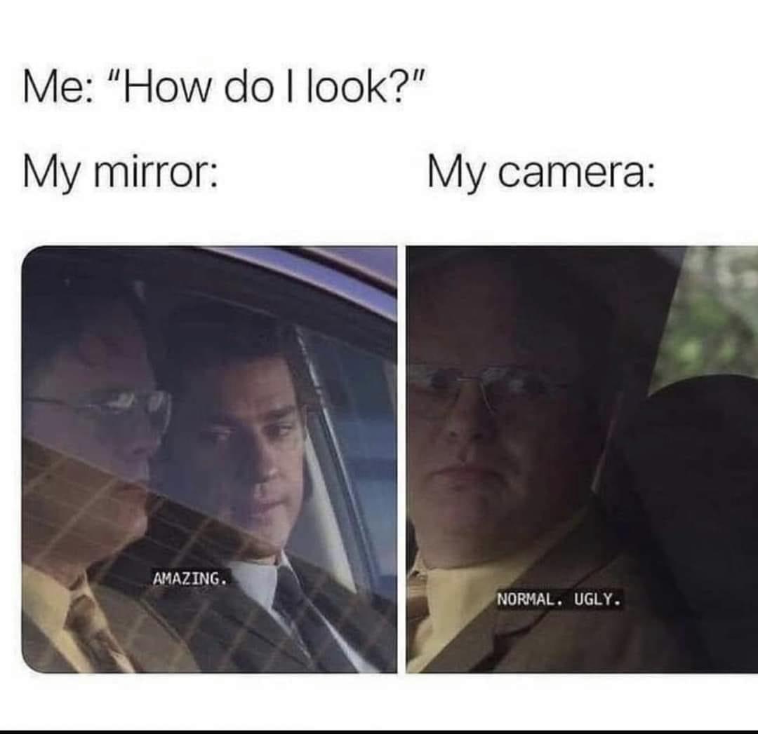 fresh memes - funny memes - top - Me "How do I look?" My mirror My camera Amazing. Normal. Ugly.