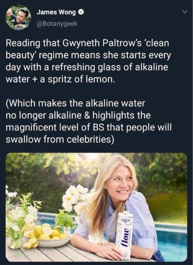 gwyneth paltrow memes - James Wong Reading that Gwyneth Paltrow's 'clean beauty' regime means she starts every day with a refreshing glass of alkaline water a spritz of lemon. Which makes the alkaline water no longer alkaline & highlights the magnificent 