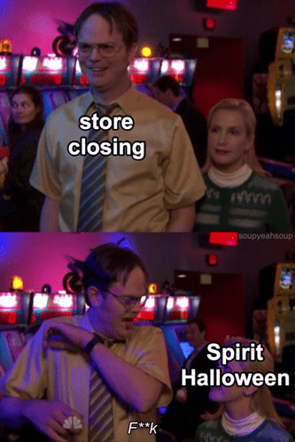 The Office memes - angela scares dwight - store closing soupyeahsoup Spirit Halloween ale Fk
