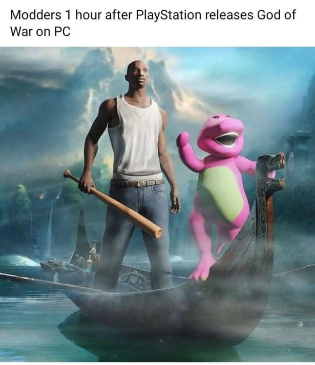 gaming memes  - cj god of war - Modders 1 hour after PlayStation releases God of War on Pc