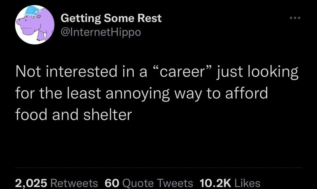 funny tweets - Getting Some Rest Not interested in a career just looking for the least annoying way to afford food and shelter 2,025 60 Quote Tweets