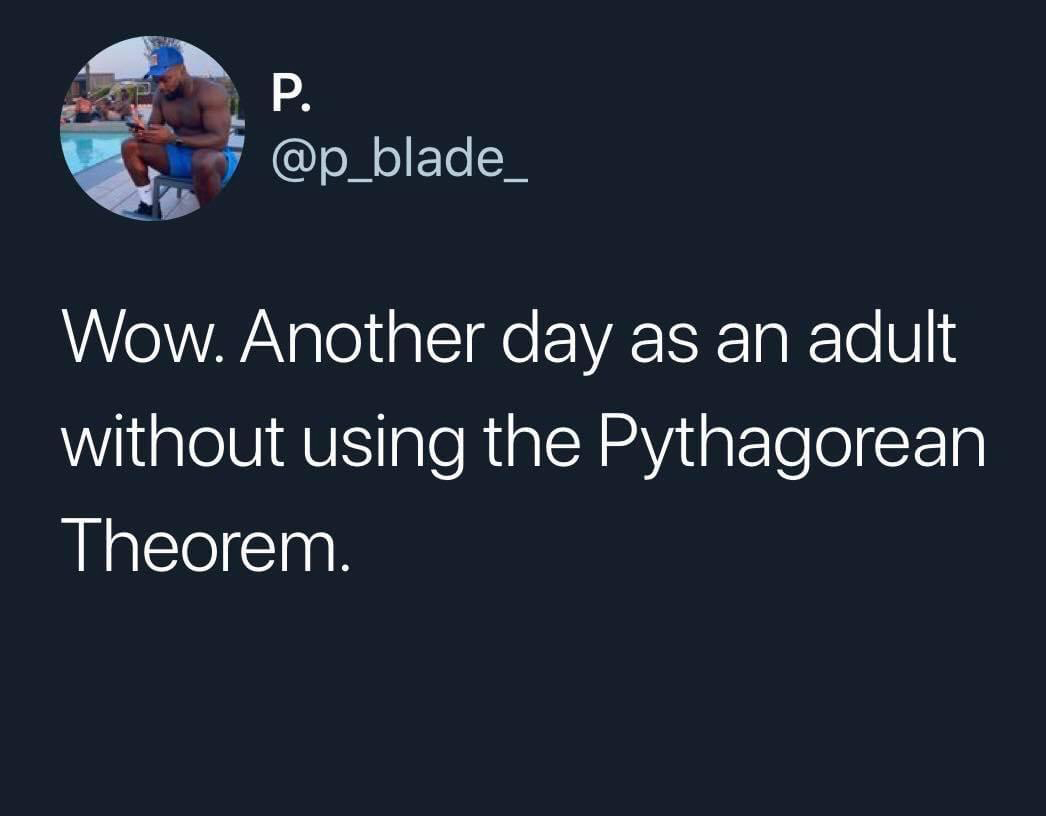 funny tweets -  Wow. Another day as an adult without using the Pythagorean Theorem.