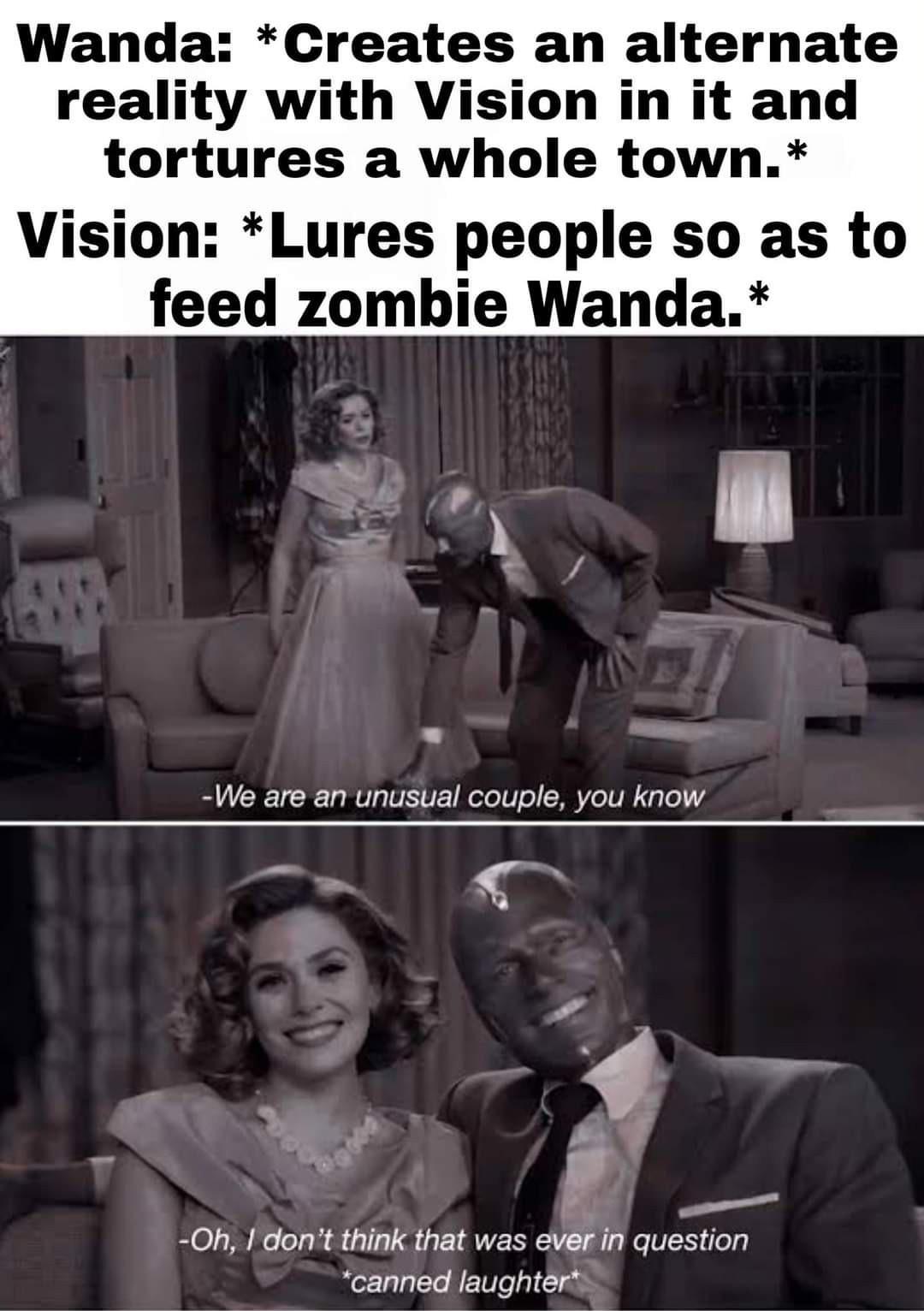 we are an unusual couple meme - Wanda Creates an alternate reality with Vision in it and tortures a whole town. Vision Lures people so as to feed zombie Wanda. We are an unusual couple, you know Oh, I don't think that was ever in question canned laughter