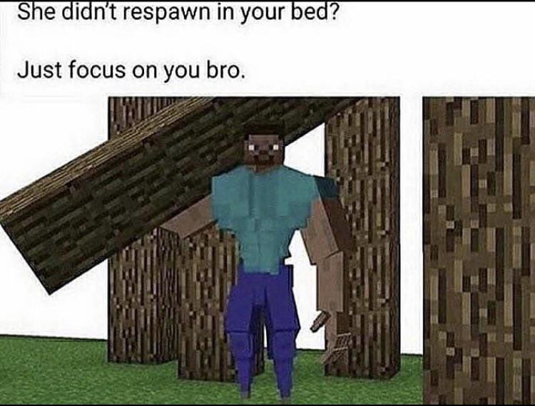 gaming memes  - minecraft steve fit - She didn't respawn in your bed? Just focus on you bro.
