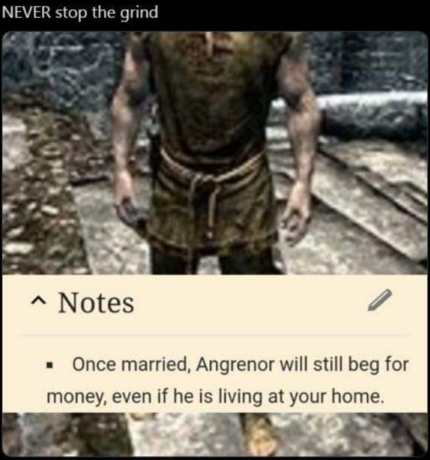 gaming memes  - never stop the grind skyrim - Never stop the grind ^ Notes Once married, Angrenor will still beg for money, even if he is living at your home.