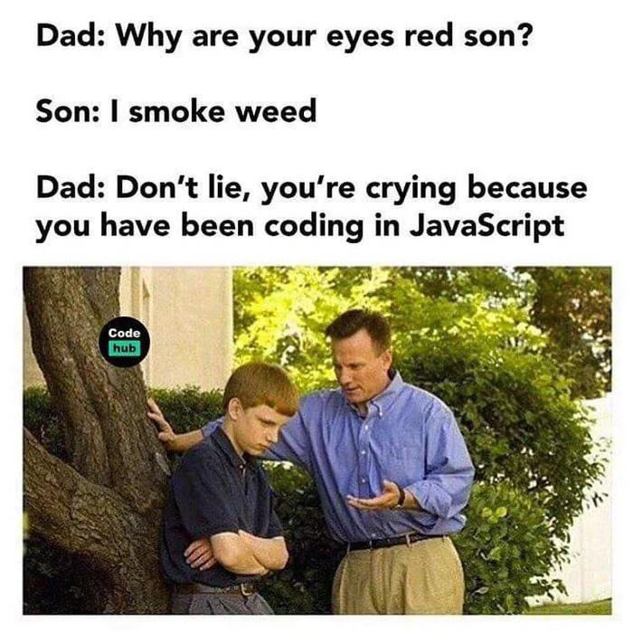 gaming memes  - son why are your eyes red - Dad Why are your eyes red son? Son I smoke weed Dad Don't lie, you're crying because you have been coding in JavaScript Code hub