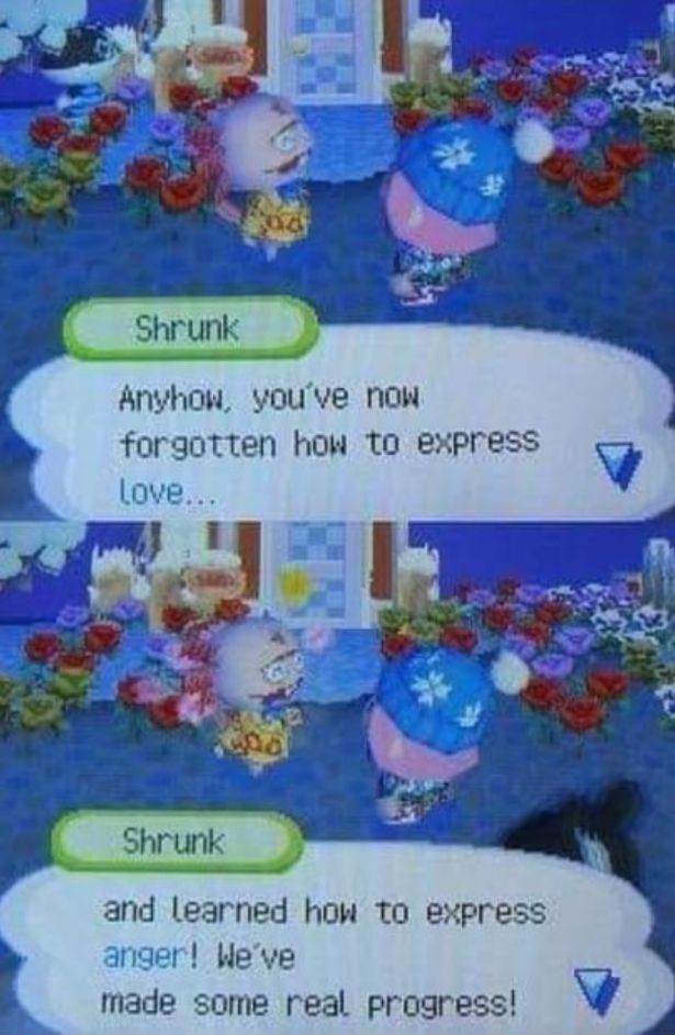 gaming memes  - animal crossing wild world - Og Shrunk Anyhow, you've now forgotten how to express love... Shrunk and learned how to express anger! We've made some real progress!