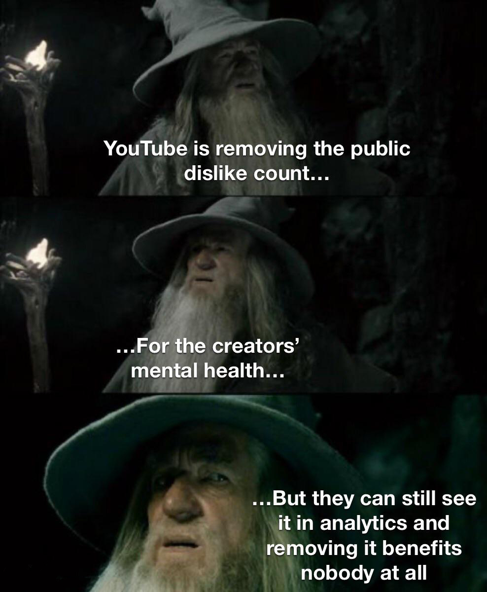 gaming memes  - memory of this place gandalf - YouTube is removing the public Adis count... ...For the creators' mental health... ...But they can still see it in analytics and removing it benefits nobody at all