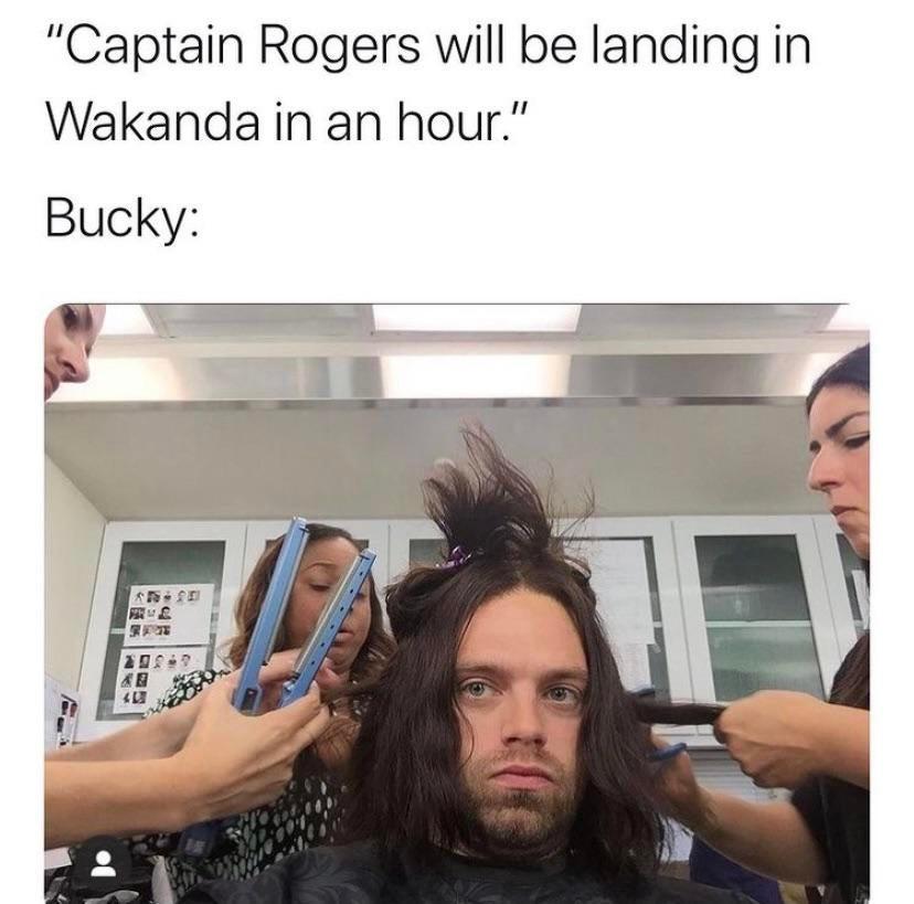 bucky barnes hair - "Captain Rogers will be landing in Wakanda in an hour." Bucky @ 42