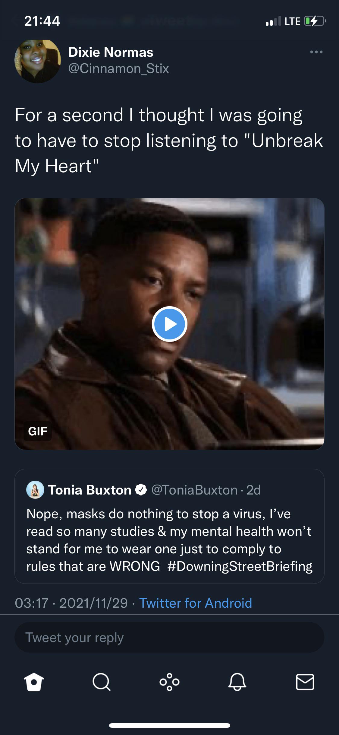 denzel washington phew gif - 1 Lte S Dixie Normas For a second I thought I was going to have to stop listening to "Unbreak My Heart" Gif Tonia Buxton 2d Nope, masks do nothing to stop a virus, I've read so many studies & my mental health won't stand for m