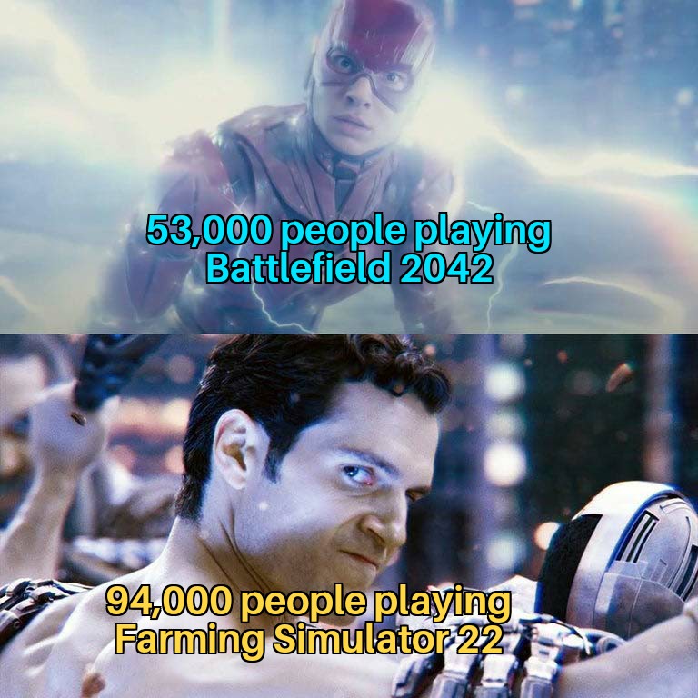 funny gaming memes  - flash meme template - 53,000 people playing Battlefield 2042 94,000 people playing Farming Simulator 22