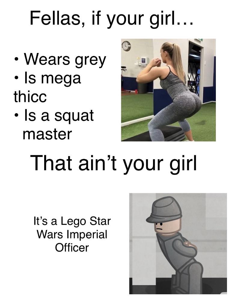 funny gaming memes - shoulder - Fellas, if your girl... Wears grey Is mega thicc Is a squat master That ain't your girl It's a Lego Star Wars Imperial Officer