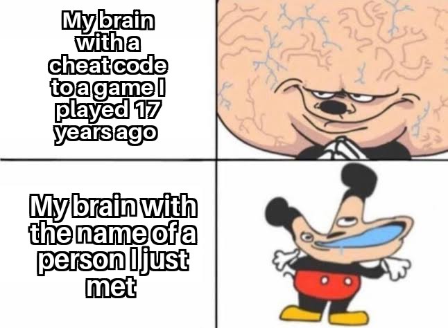 funny gaming memes - mokey mouse memes - 3 My brain witha cheatcode toagamel played 17 years ago My brain with the name of a person just met