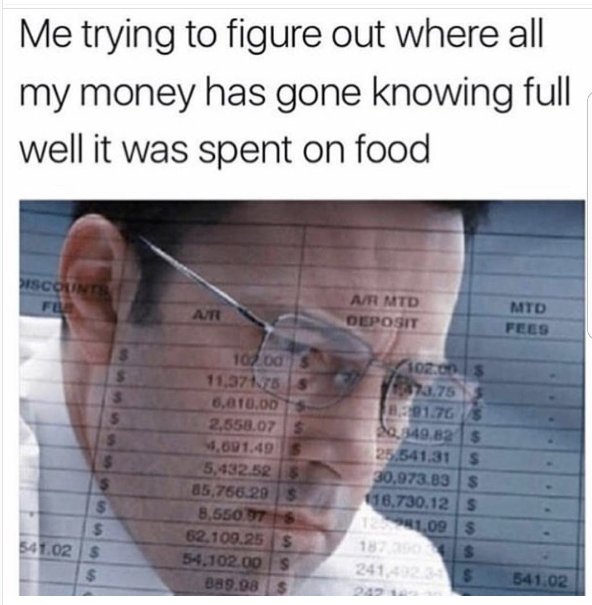 funny memes - -trying to figure out where my money went - Me trying to figure out where all my money has gone knowing full well it was spent on food Counts Fe At AT Mtd Deposit Mtd Fees 100 od 11.3718 0.010.00 2,552.075 4.001.49 5,432.52 85,766 295 3,560 