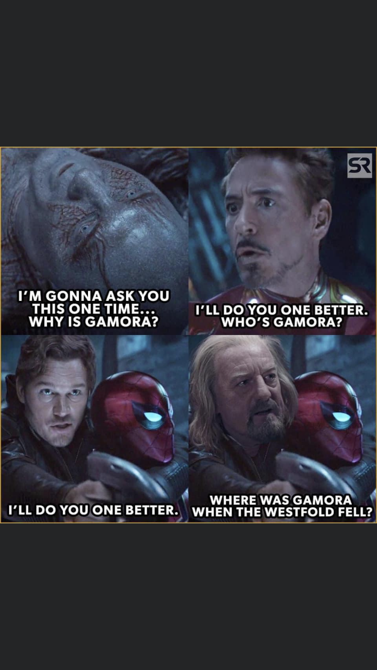 funny memes - gamora when the westfold fell - S I'M Gonna Ask You This One Time... Why Is Gamora? I'Ll Do You One Better. Who'S Gamora? Where Was Gamora I'Ll Do You One Better. When The Westfold Fell?