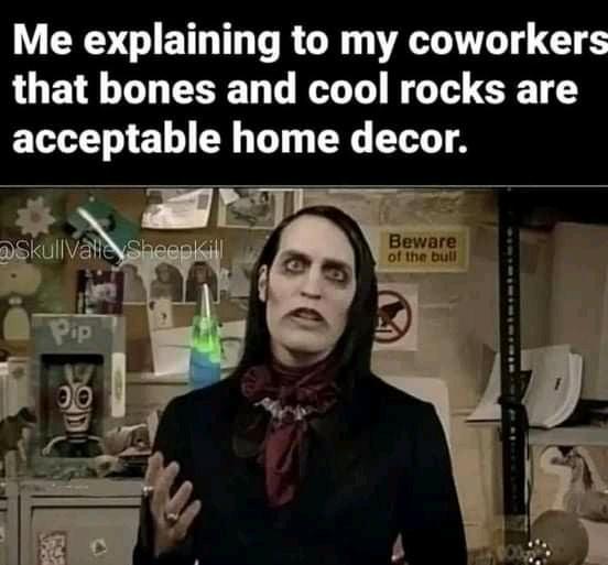 funny memes - crowd richmond meme - Me explaining to my coworkers that bones and cool rocks are acceptable home decor. SkullVale Sheepkill Beware of the bull 9A 00