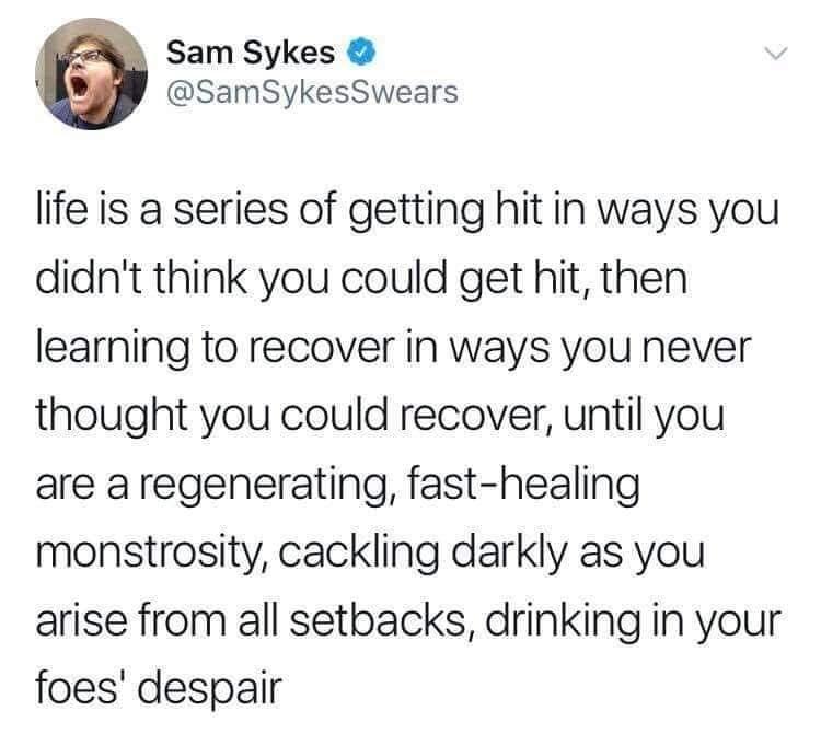 funny tweets - hot tweets - twitter memes - tarot memes - Sam Sykes life is a series of getting hit in ways you didn't think you could get hit, then learning to recover in ways you never thought you could recover, until you are a regenerating, fasthealing