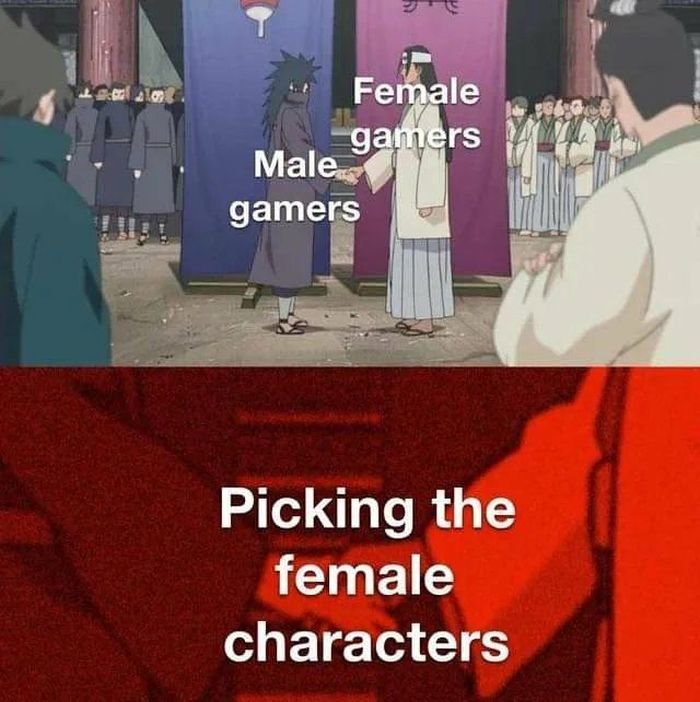 gaming memes - snowdonia national park - Female gamers Male gamers Picking the female characters