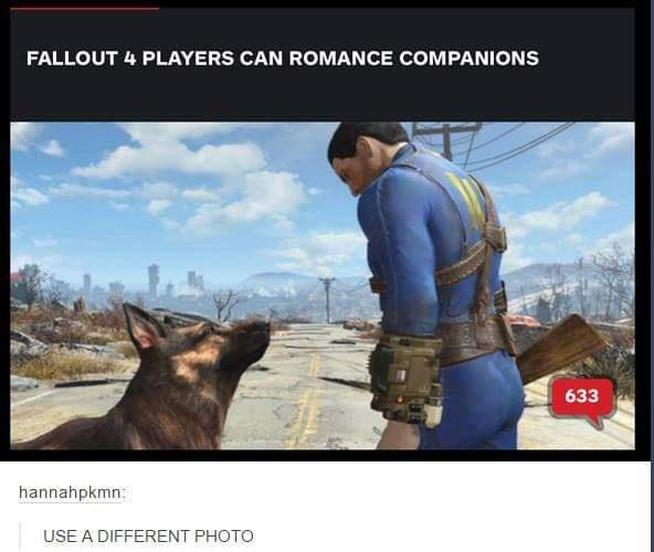gaming memes - open world games - Fallout 4 Players Can Romance Companions 633 hannahpkmn Use A Different Photo