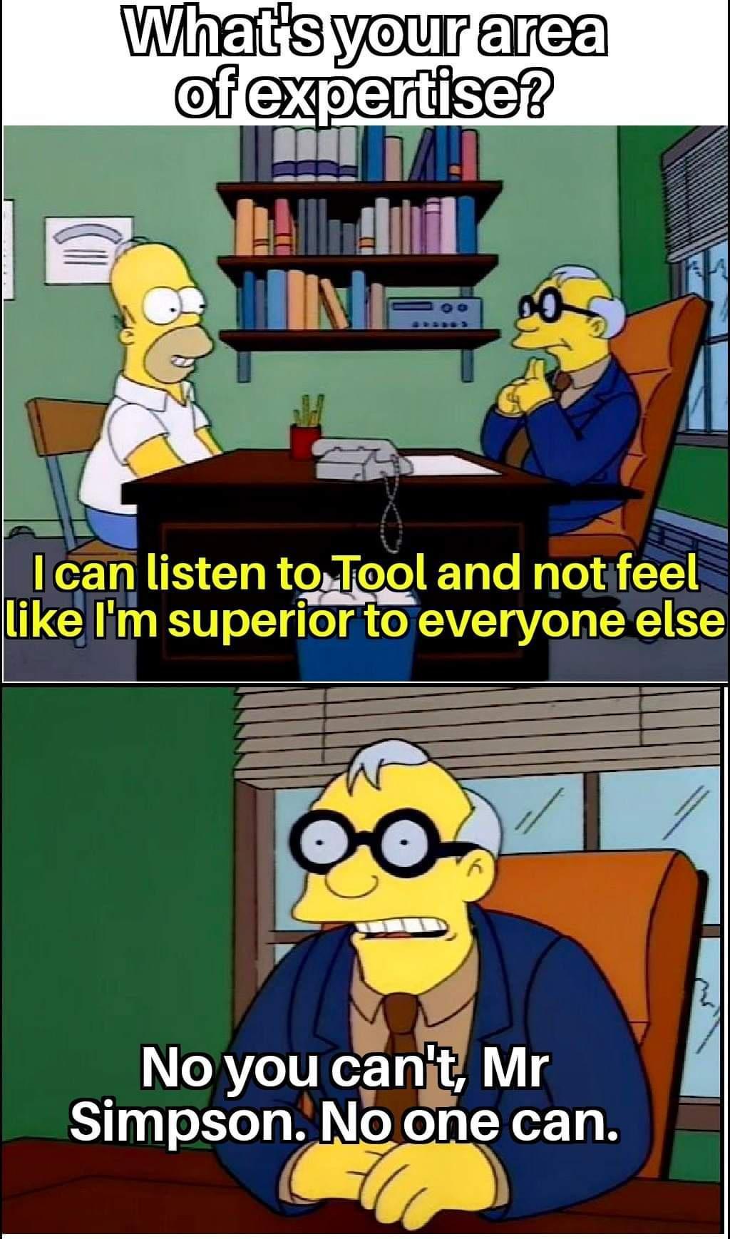 no you can t mr simpson no one can - What's your area of expertise? I can listen to Tool and not feel I'm superior to everyone else No you can't, Mr Simpson. No one can.