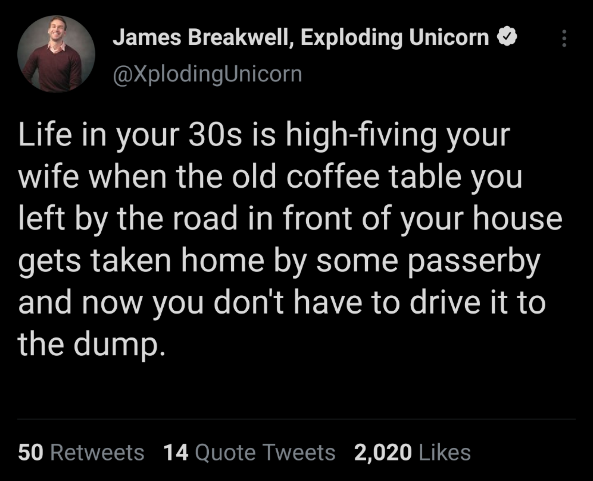 quotes - James Breakwell, Exploding Unicorn Life in your 30s is highfiving your wife when the old coffee table you left by the road in front of your house gets taken home by some passerby and now you don't have to drive it to the dump. 50 14 Quote Tweets 