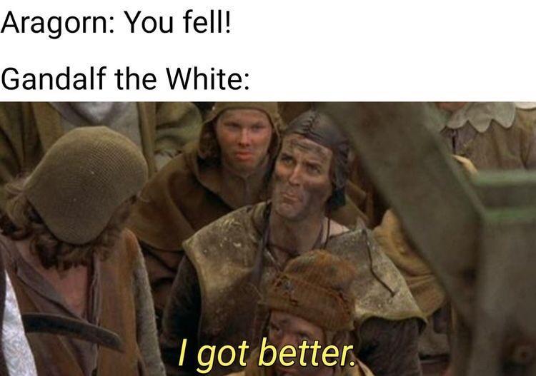 got better meme - Aragorn You fell! Gandalf the White I got better.