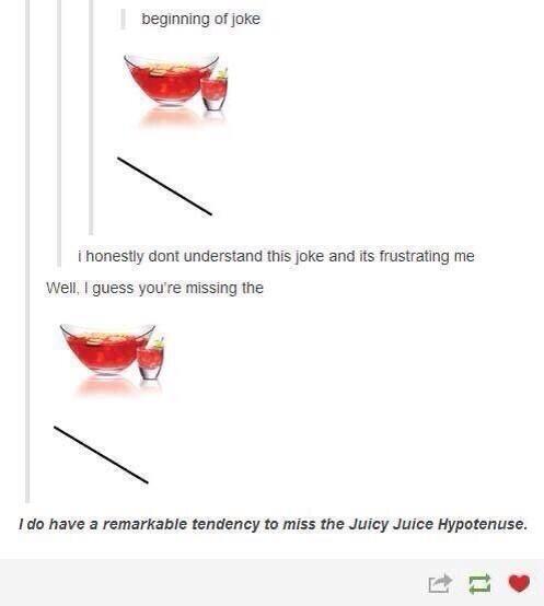 monday morning randomness - punch drink - beginning of joke i honestly dont understand this joke and its frustrating me Well, I guess you're missing the I do have a remarkable tendency to miss the Juicy Juice Hypotenuse.