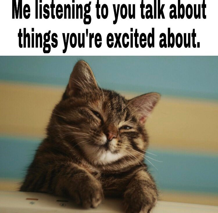 monday morning randomness - interest and hobbies meme - Me listening to you talk about things you're excited about