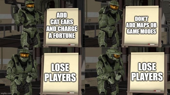 funny gaming memes - halo memes - Add Cat Ears And Charge A Fortune Dont Add Maps Or Game Modes Lose Players Lose Players Imgflip.com