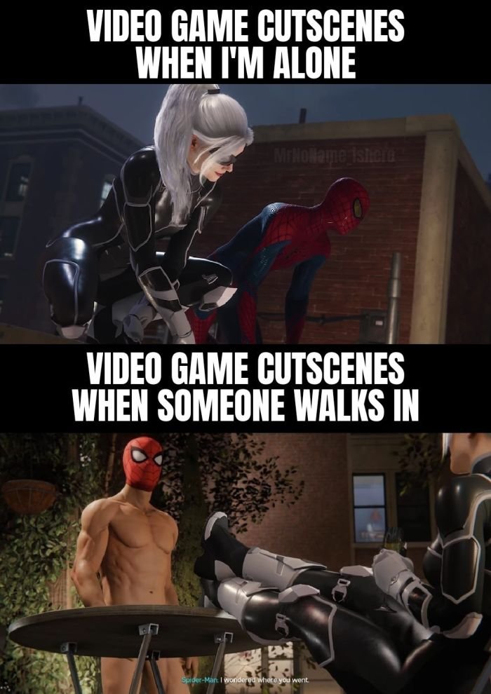 gaming memes  - safety begins with me - Video Game Cutscenes When I'M Alone MIROName ishte Video Game Cutscenes When Someone Walks In SpiderMan I wondered where you went