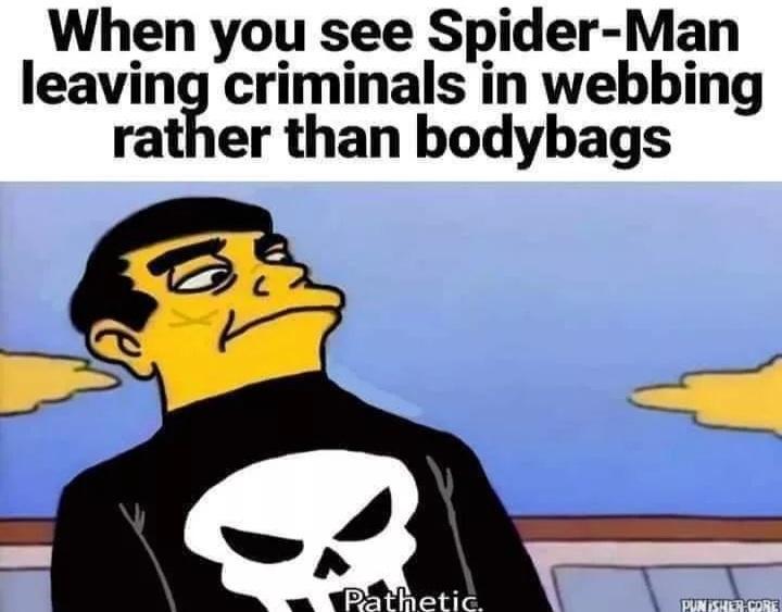 dank memes - funny memes - punisher flag meme - When you see SpiderMan leaving criminals in webbing rather than bodybags Pathetic. Punisher Core