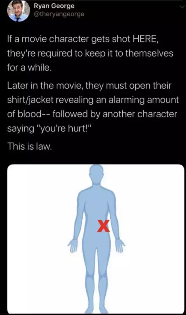 dank memes - funny memes - ryan george if a movie character gets shot here - Ryan George If a movie character gets shot Here, they're required to keep it to themselves for a while. Later in the movie, they must open their shirtjacket revealing an alarming