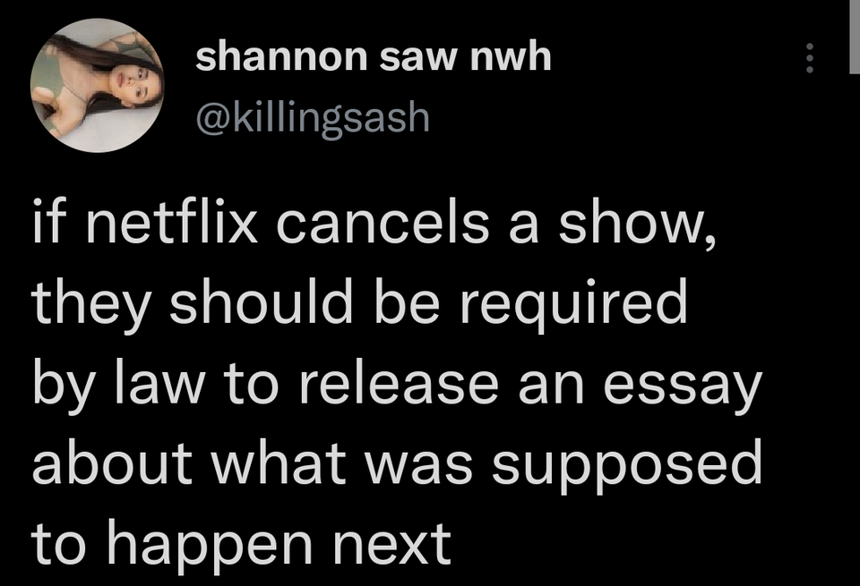 facebook is like jail - shannon saw nwh if netflix cancels a show, they should be required by law to release an essay about what was supposed to happen next