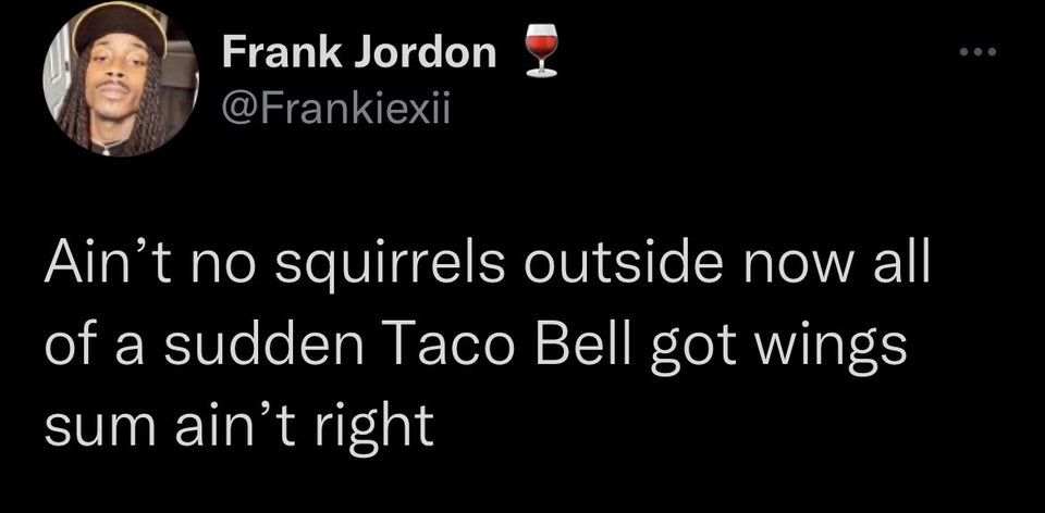 darkness - Frank Jordon Ain't no squirrels outside now all of a sudden Taco Bell got wings sum ain't right