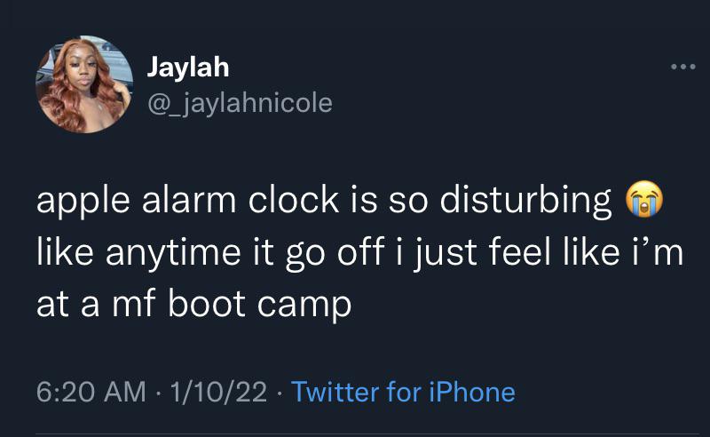 Jaylah apple alarm clock is so disturbing anytime it go off i just feel i'm at a mf boot camp 11022 Twitter for iPhone . .